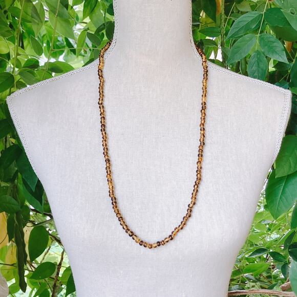 VTG Signed Vogue 50s 60s Striped Warm Amber Glass Bead Necklace 30" Matinee MCM - Picture 9 of 10